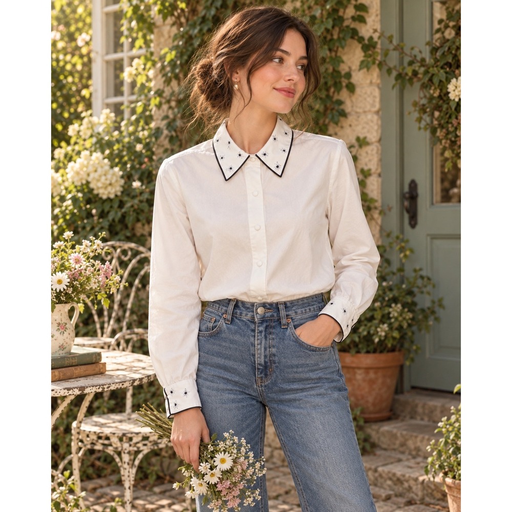 Vintage 1990s Talbots Petites White Embroidered Collar Button Front Blouse 2P